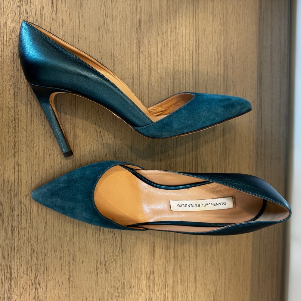 Diane von Furstenberg DVF Women 6 EU 36 Teal Suede Leather Pointed Toe Pump Heel